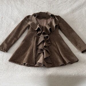 Ryu by Anthropologie Textured Brown Ruffle Pea Coat Small
